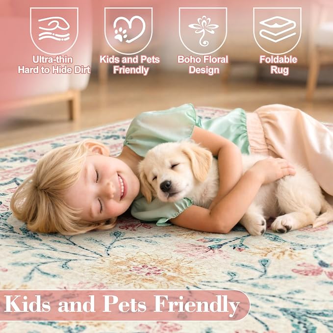 Wonnitar Pink Floral Round Rugs 5ft, Soft Circle Rug Non Slip Washable Round - Image 6