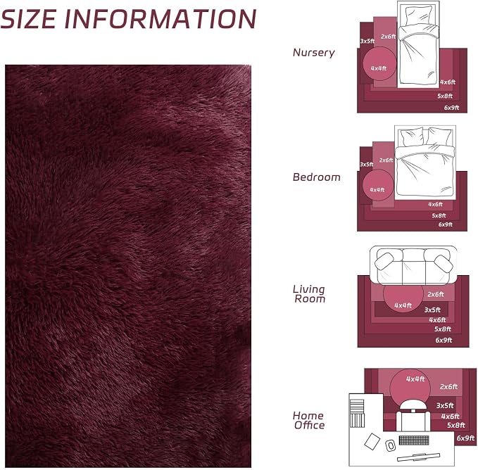 duduta Burgundy Plush Round Rug 4x4 ft, Fluffy Shag Rugs - Image 2