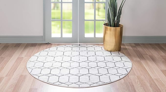 Rugs.com Lattice Trellis Collection Rug – 3 Ft Round White Low-Pile Rug Perfect - Image 3