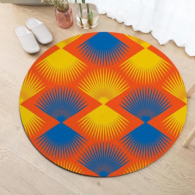 Vintage Blue Orange Round Rug Retro Pattern Print Area Rug Washable 7ft Circle - Image 2