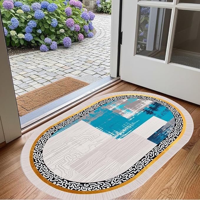 Vintage Luxury Grey Blue Gold Abstract Geometric Texture Oval Area Rug 6x9 - Image 4