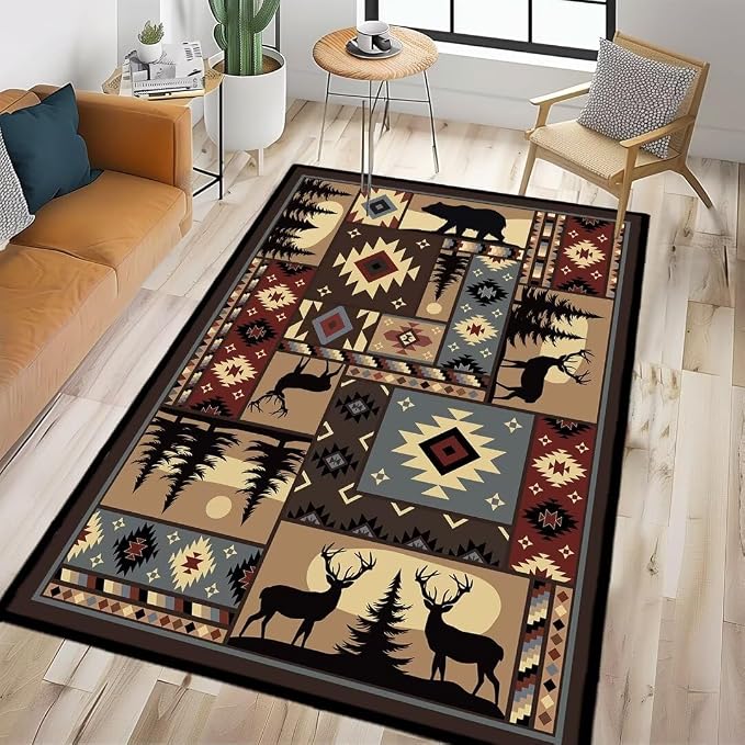 Rustic Cabin Wildlife Area Rug 5x7 Living Room Rug, Buffalo Plaid Bear Moose by KENADVI