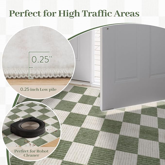 LIVEBOX 4x6 Washable Area Rug Checkered, Non-Slip Small Entryway Rug Green - Image 9