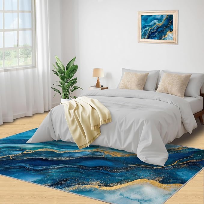 Blue Gold Marble Rugs for Bedroom - Image 4