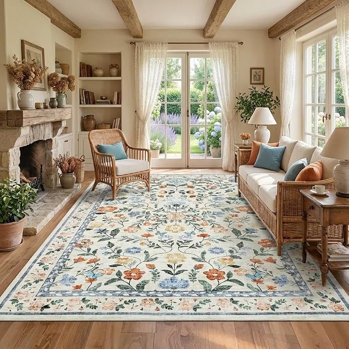 8x10 Washable Floral Distressed Rug, Vintage Farmhouse Area Rug - Image 2