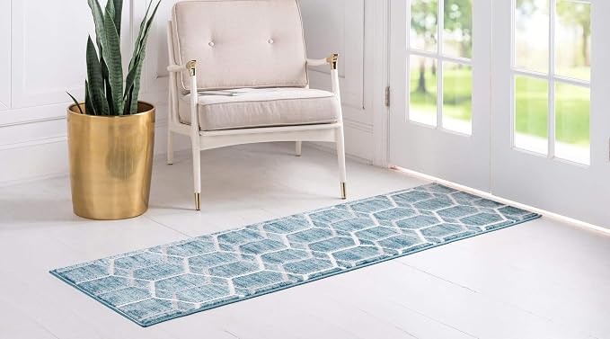Rugs.com Lattice Trellis Collection Rug – 10 Ft Runner Blue Low-Pile Rug Perfect - Image 4