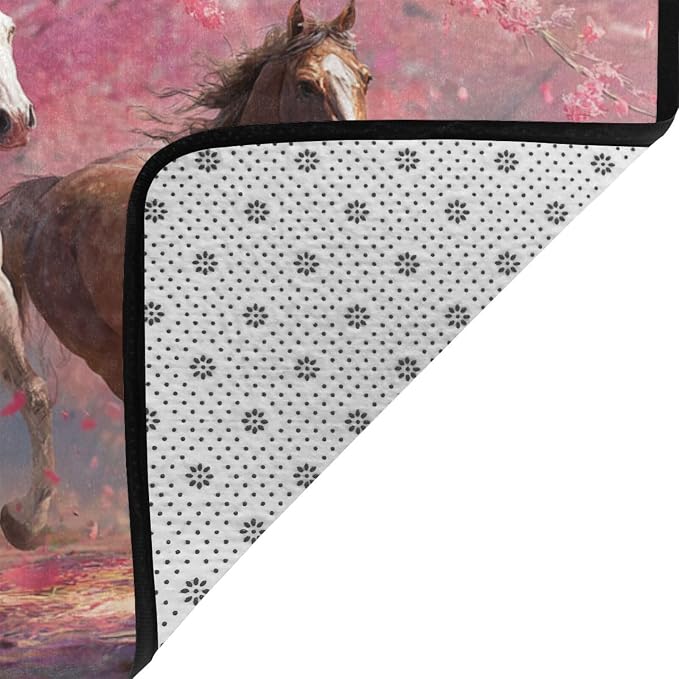 Galloping Horse Cherry Blossom Area Rug Washable Outdoor Rugs Anti-Slip Soft - Image 3