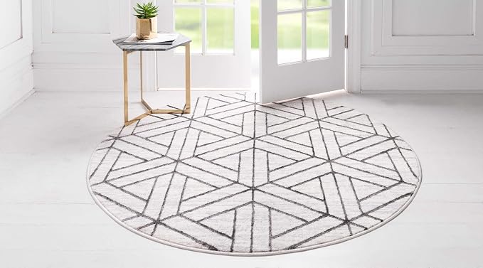 Rugs.com Lattice Trellis Collection Rug – 3 Ft Round White Low-Pile Rug Perfect - Image 4