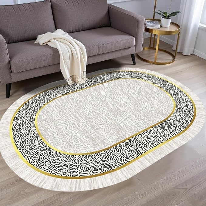 Off White Black Gold Indoor Rugs Modern Minimalist Abstract Geometric Pattern by Unknown