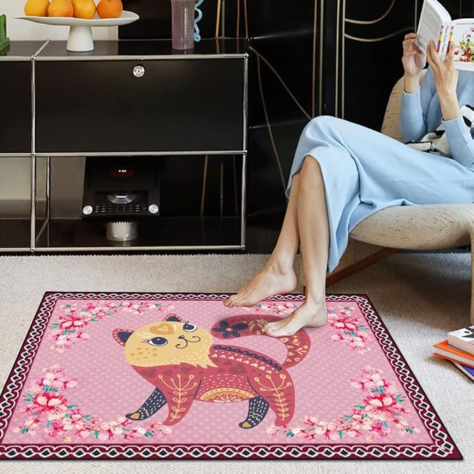 Cartoon Animal Pattern Area Rug Cute Cat Luxury Floral Decor - Image 2