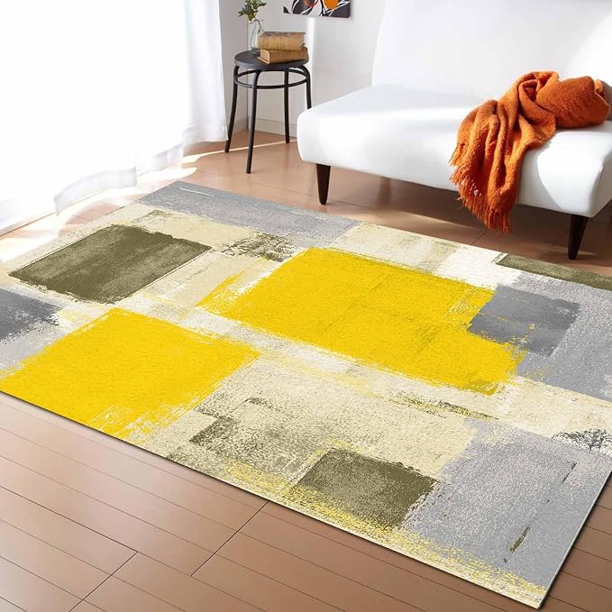 Yellow Rectangular Area Rugs for Living Room Bedroom 5 x 8 ft Abstract Paint - Image 2