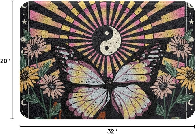 Erosebridal Boho Butterfly Bath Rugs Hippie Yin and Yang Bathroom Mats Rainbow - Image 3