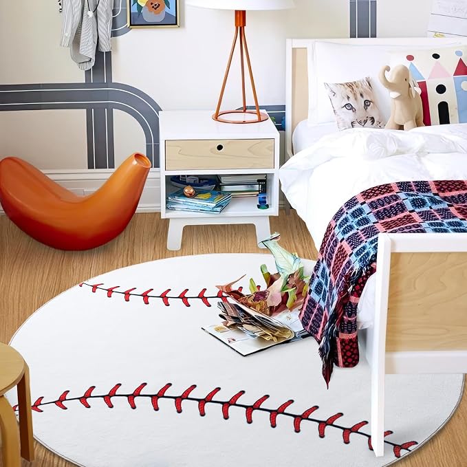 Soft Round Rugs for Bedroom, Baseball Rug for Boys, Bedside Area Kids Carpet - Image 3