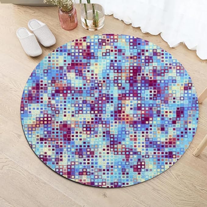 Abstract Pixel Geometry Round Rug Ombre Blue Purple Living Room Circle Area - Image 2