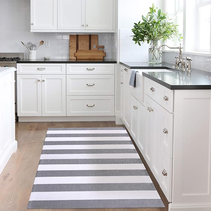 KOZYFLY Striped Outdoor Rug 3x5 Ft Front Door Rug Gray and White Hand Woven - Image 7