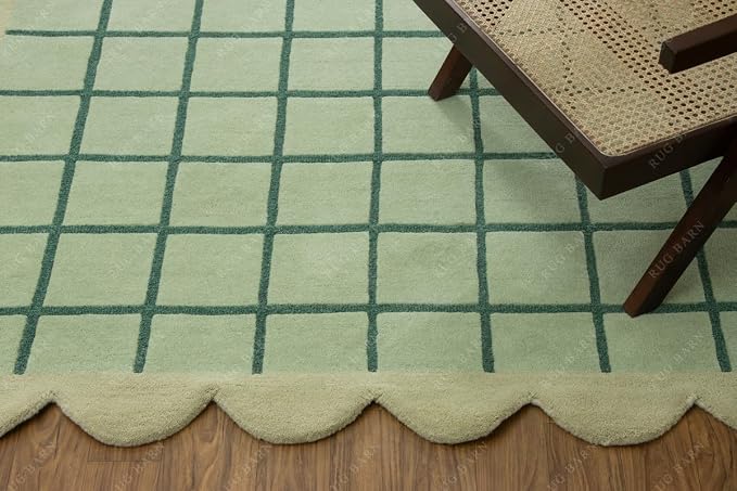Mint Green Scalloped Edge Wool Area Rug - Image 6