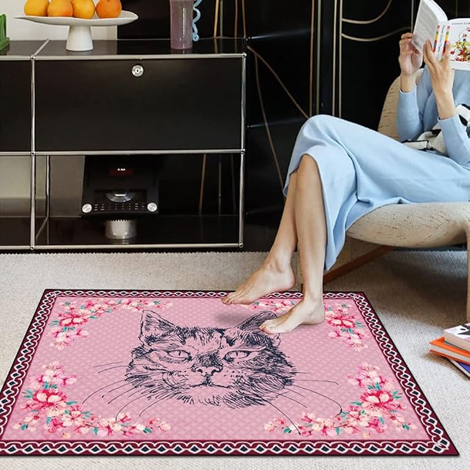 Cartoon Animal Pattern Area Rug Cute Cat Luxury Floral Decor - Image 2
