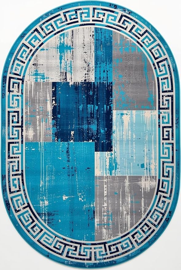 Distressed Blue Grey Greek Key Pattern Indoor Area Rug 5x7 - Image 5