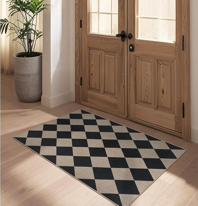 Easy Jute Checkered Entryway Rug, 2.6x4 Black Modern Indoor Outdoor Doormat by Rugalia