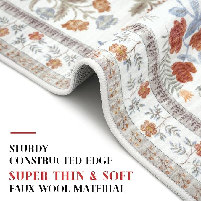Boho Floral Machine Washable Runner Rug 2x6, Ivory Kitchen Runner Rug Non-Slip - Image 3