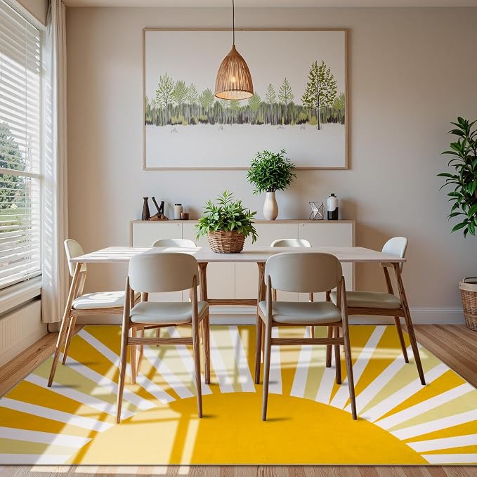 Lahome Yellow Rainbow Sun Area Rug: 9'x12' Ultra-Thin Machine Washable & - Image 6