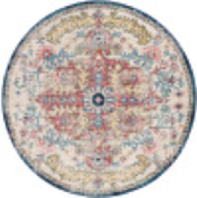 Livabliss Area Rugs - 7ft Round Odelia Vintage Boho Aqua Burgandy Blue Round - Image 4