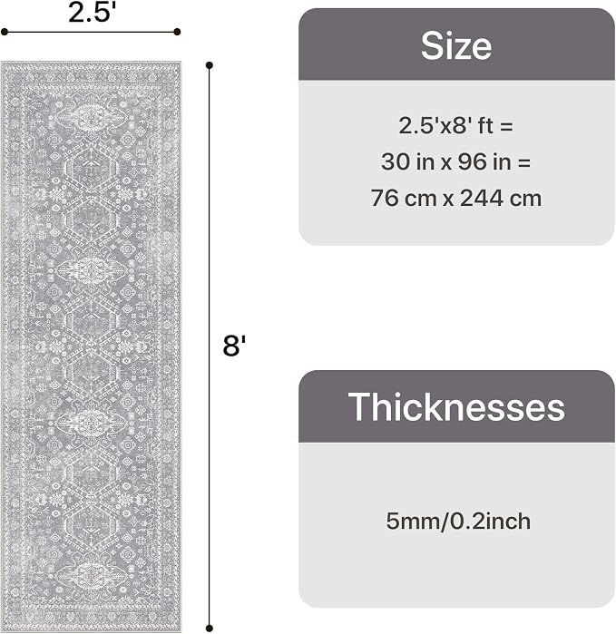 Bavni Washable Runner Rug 2’6”x8’, Non Slip Vintage Hallway Runner, Ultra Thin - Image 2