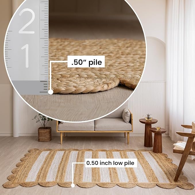 HOMEMONDE Scalloped Jute Area Rug 8'x10' Natural Stripe - Image 4