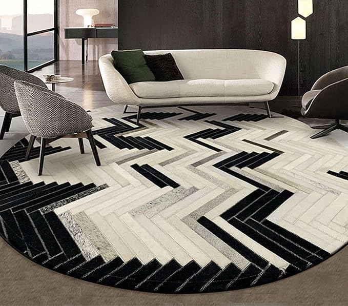 Round Cowhide Faux Leather Area Rug 10×10 ft – Black & White Modern Chevron - Image 5
