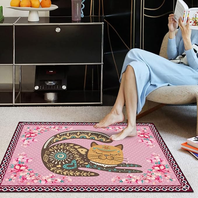 Cartoon Animal Pattern Area Rug Cute Cat Luxury Floral Decor - Image 2