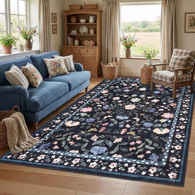 5x7 Washable Non-Slip Rug, Vintage Floral Area Rug by GarveeHome