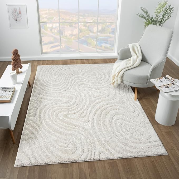 LUXE WEAVERS Geometric Swirl Cream 8x10 Area Rug High Low Modern Carpet by LuxeWeavers