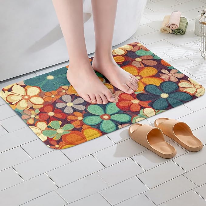 Erosebridal Groovy Flower Bathroom Rugs 70s Party Bath Mat Rainbow Floral Non - Image 2