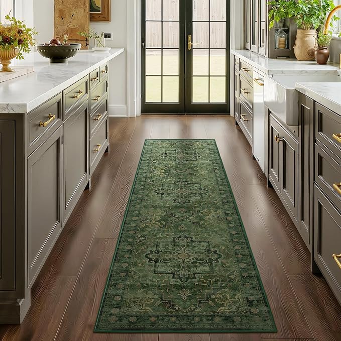 Dark Green 2'6''x8' Kitchen Runner Rug, Retro Distressed Moody Medallion Runners - Image 4