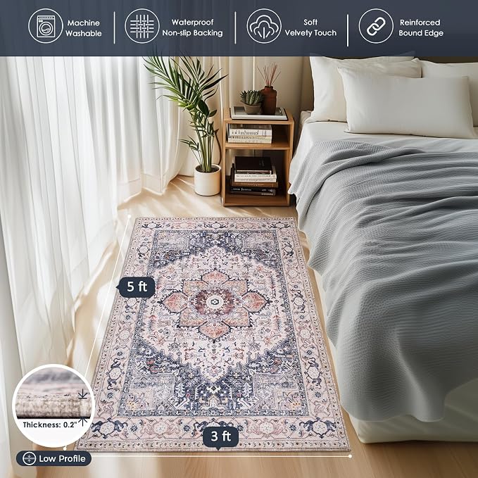 PURRUGS Vintage Farmhouse Boho Throw Rug 3x5 ft, Non-Slip Machine Washable Rug - Image 3