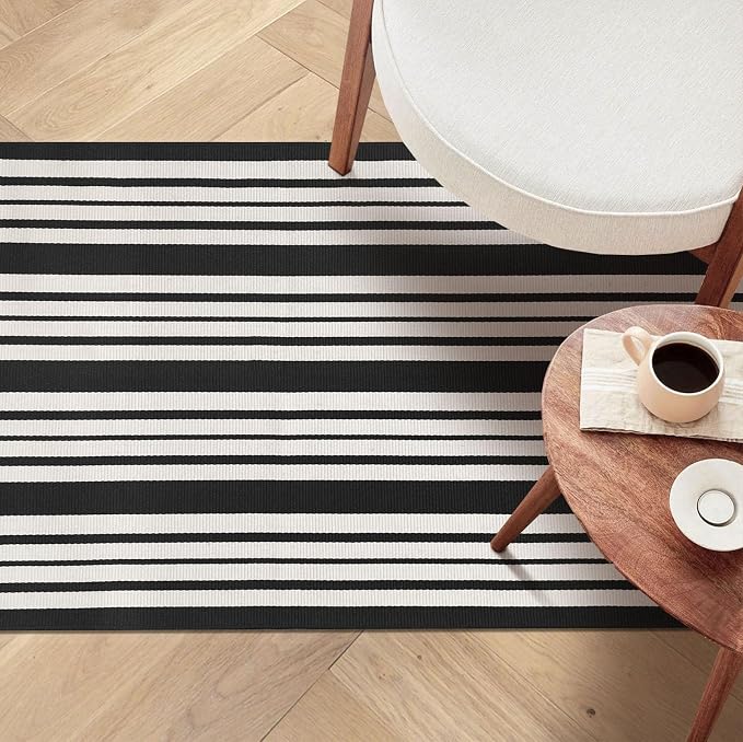 KOZYFLY Black and White Striped Outdoor Doormat 27.5x43 Inches Area Rug - Image 2