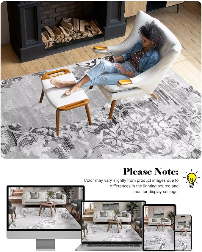 Washable Abstract Rug, 5x7 Classic Grey and White Floral Area Rugs - Image 6