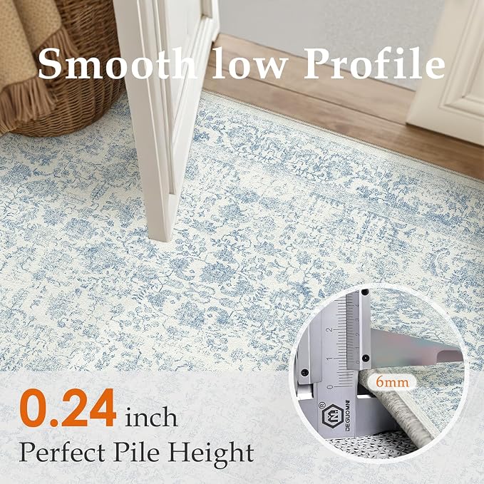 Blue Area Rug 8x10 Machine Washable Large Vintage Living Room Distressed Non - Image 3