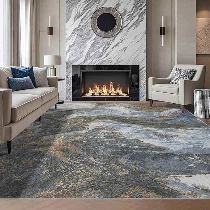 Modern Washable Rug for Living Room: Abstract 9x12 Area Rugs for Bedroom Low by Luxcrest