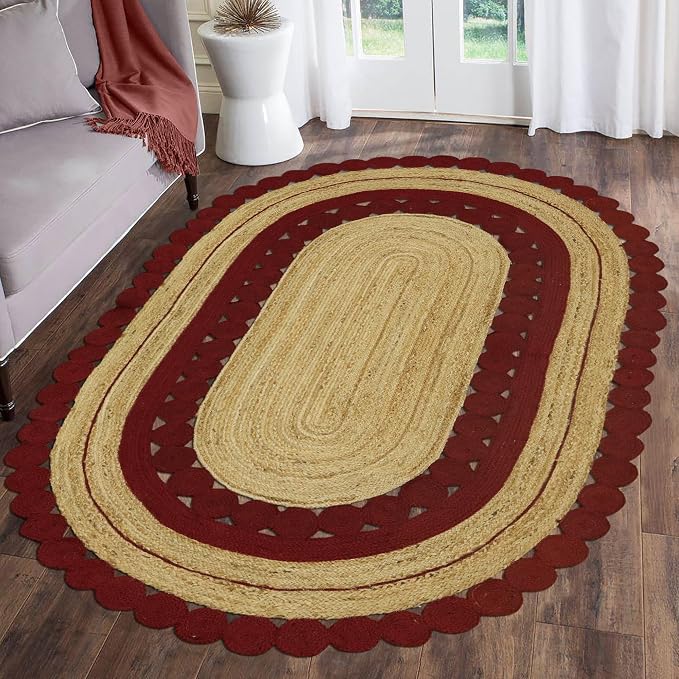2x10 Flatweave Runner – Hand Braided Natural Jute, Oval Kilim Rug, Solid Red - Image 2