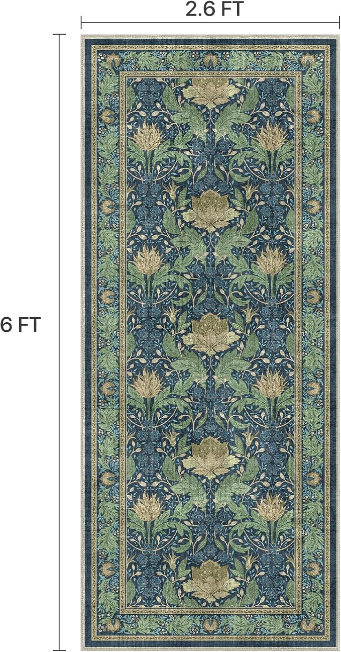 Bavni 2'6''x6 Runner Rug, Microfiber Washable Non-Slip Vintage Floral Rugs - Image 2