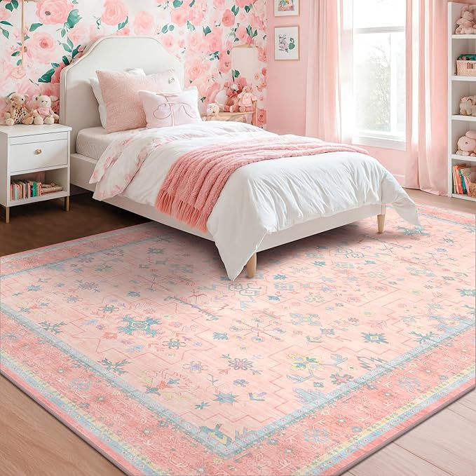 Pink Rugs for Bedroom Girls, 5x7 Washable Area Rug for Living Room Nursery Kids - Image 3