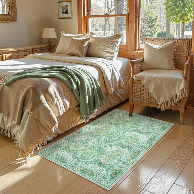 Lahome Floral Entryway Rug, 2x3 Kitchen Rugs Non Slip Washable Boho Green Forest - Image 3