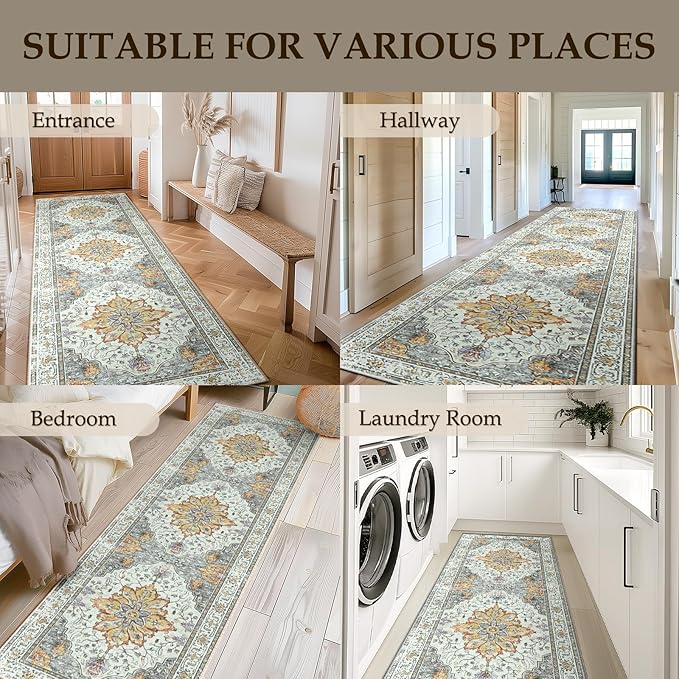 Area Rugs 2'x6' Washable Non-Slip, Floral Vintage Distress Print Pattern - Image 9