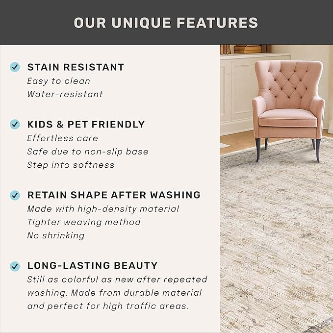 Washable Ivory Living Room Rug, 8x10 Non Slip Area Rugs - Image 5