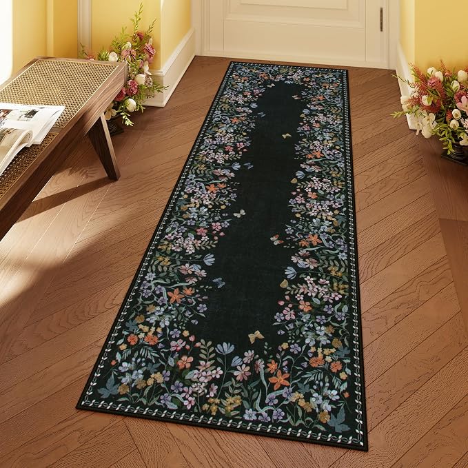 Lahome Boho Floral 2x6 Black Bathroom Runner Rugs Non Skid Washable, Rug Runners by Lahome