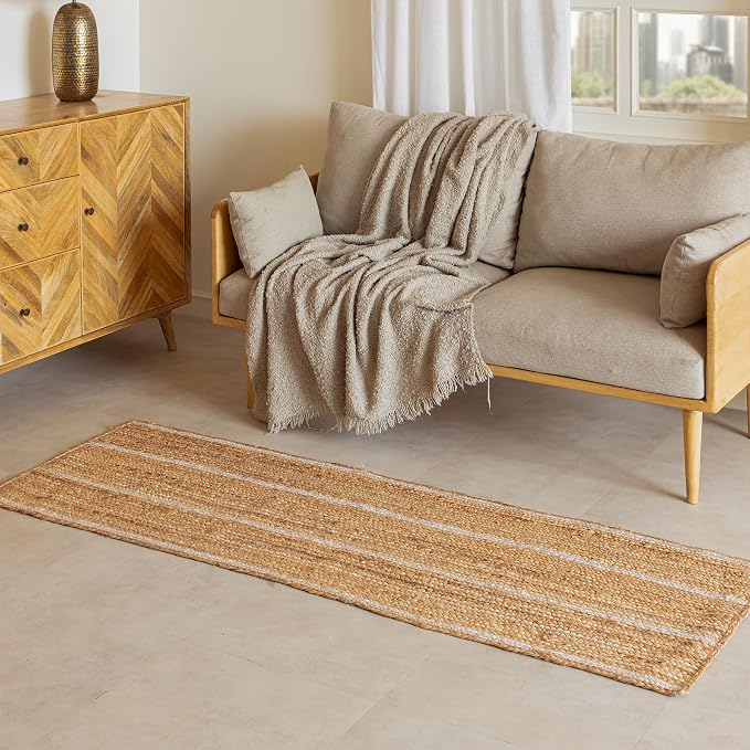 HOMEMONDE Braided Jute Runner Rug 2x6 ft Natural and Off White Stripe - Image 2