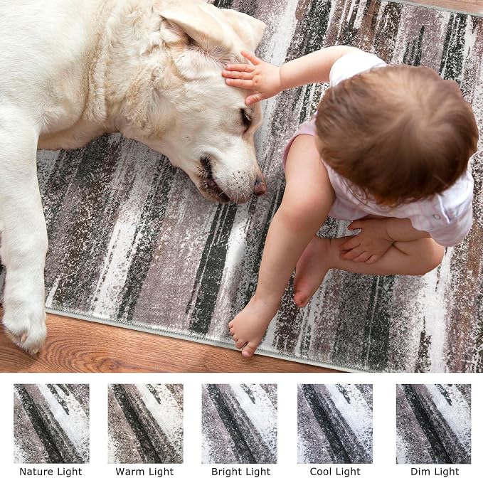 Modern Abstract Hallway Runner Rug, Dark Light Brown White Washable Kitchen - Image 3