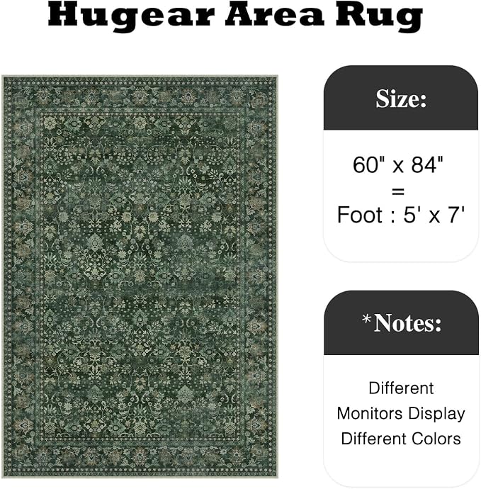 HUGEAR 5x7 Machine Washable Rugs Dark Green Hallway Area Rug Indoor Accent Rug - Image 2