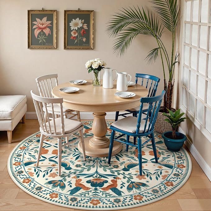 Moynesa Floral Bird Round Rug 6ft Washable Circle Rug Non Slip, Modern Bohemian - Image 3